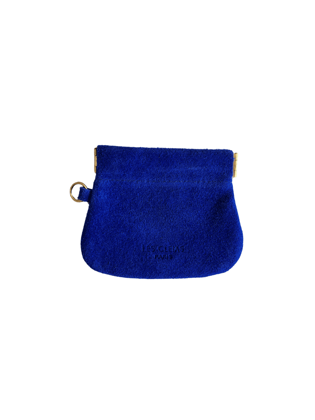 Deep blue suede coin pouch in 'Royal Blue' with gold holder on a transparent background | Twentyseven Toronto