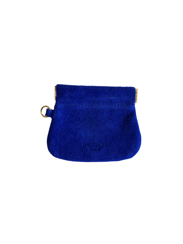 Deep blue suede coin pouch in 'Royal Blue' with gold holder on a transparent background | Twentyseven Toronto