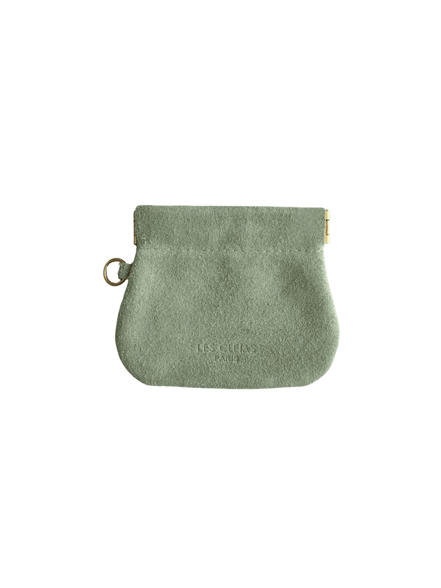 Sage green suede coin pouch with gold holder on a transparent background | Twentyseven Toronto