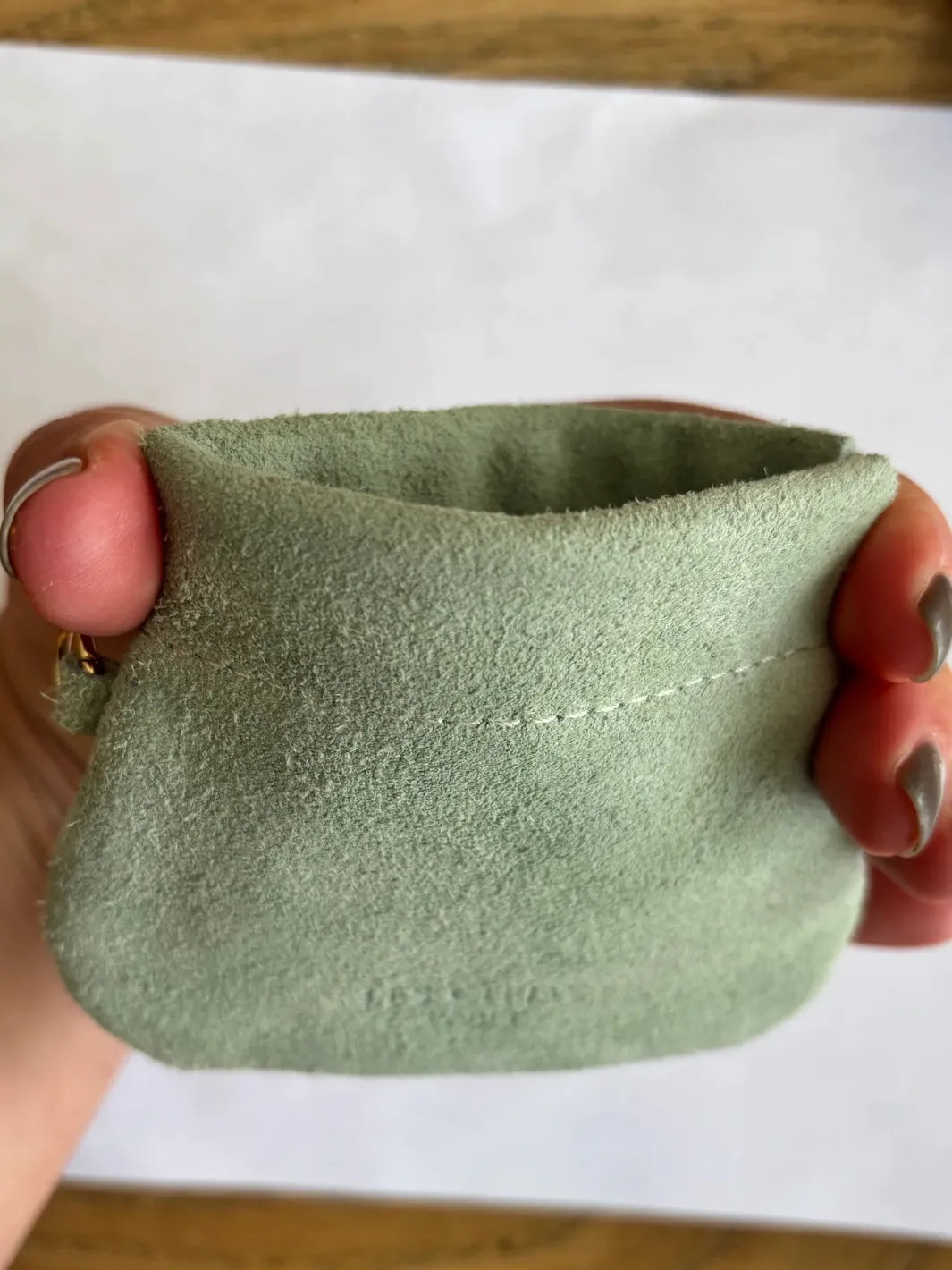 Hand holding a small sage green coin pouch against a white background | Twentyseven Toronto