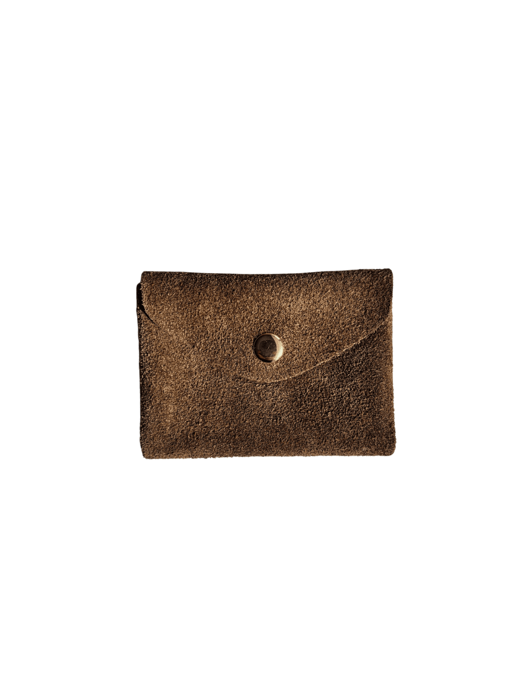 Brown suede coin purse in 'Cool Brown' with a gold button on a transparent background | Twentyseven Toronto