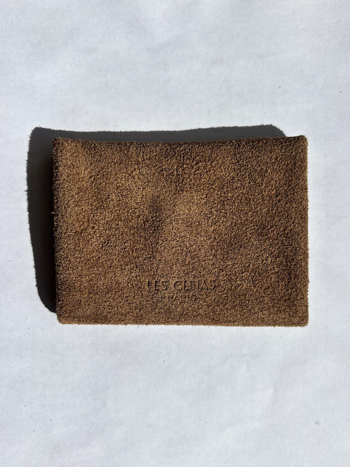 Brown textured suede coin purse in 'Cool Brown' with branding 'Les Cleias Paris', back view | Twentyseven Toronto