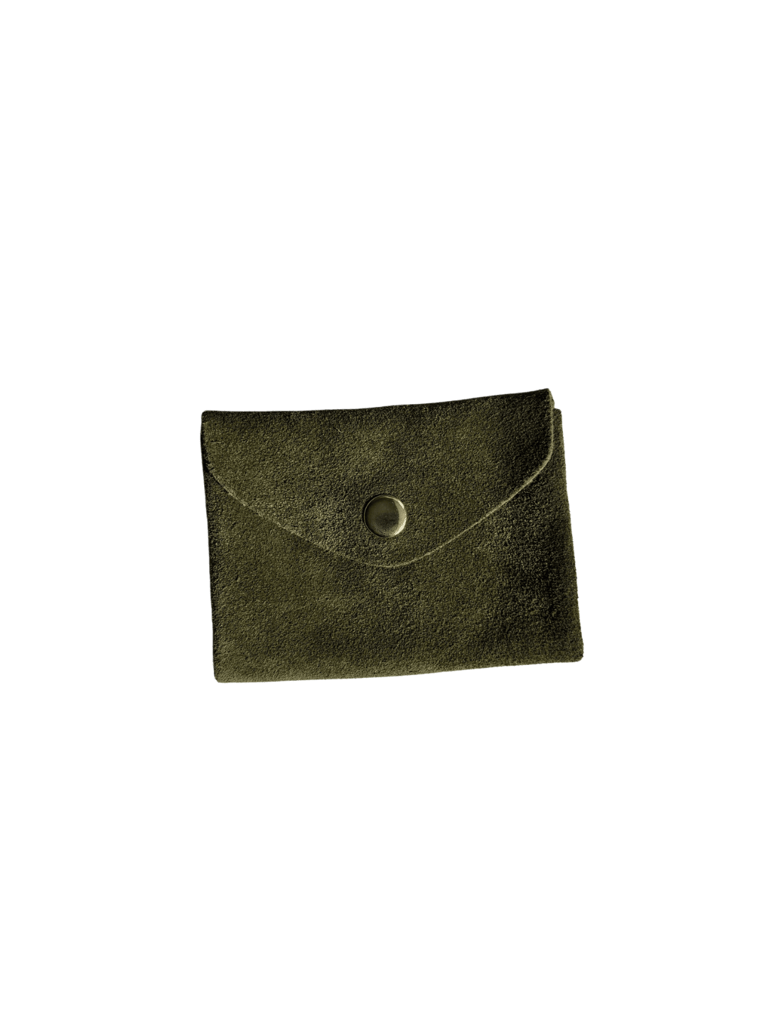 Deep green suede coin purse in 'Forest Green' with a gold button on a transparent background | Twentyseven Toronto