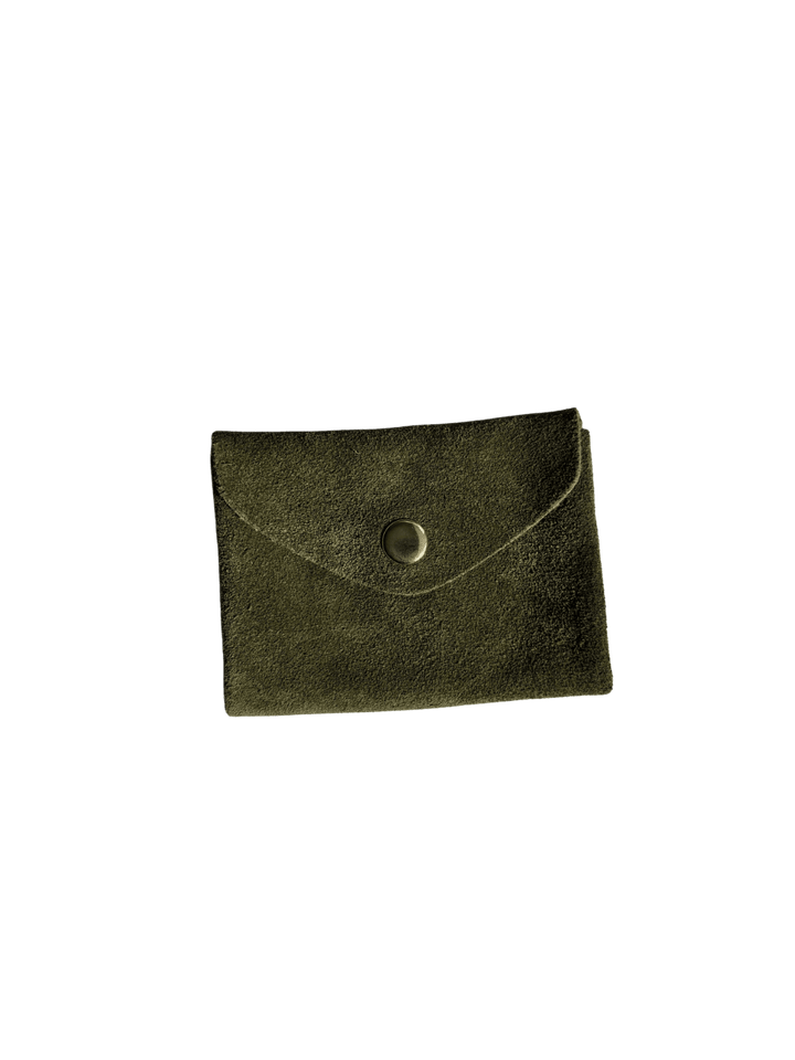 Deep green suede coin purse in 'Forest Green' with a gold button on a transparent background | Twentyseven Toronto