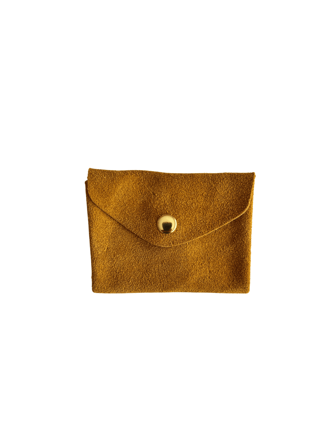 Dark yellow suede coin purse in 'Mustard' with a gold button on a transparent background | Twentyseven Toronto