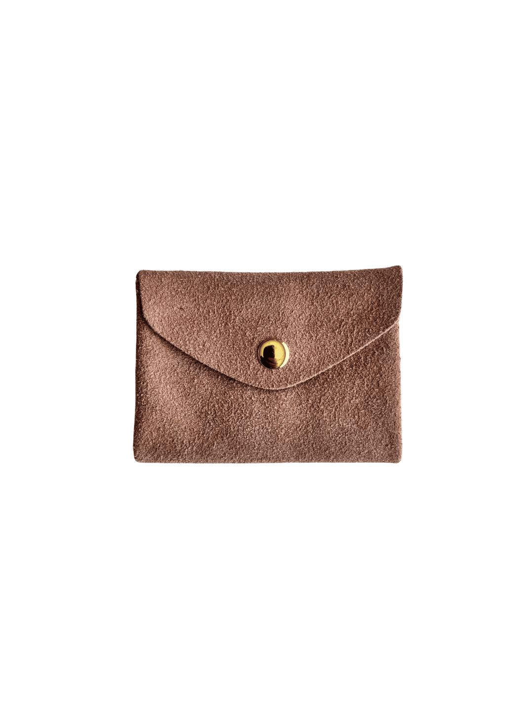 Light pink suede coin purse in 'Rose' with a gold button on a transparent background | Twentyseven Toronto