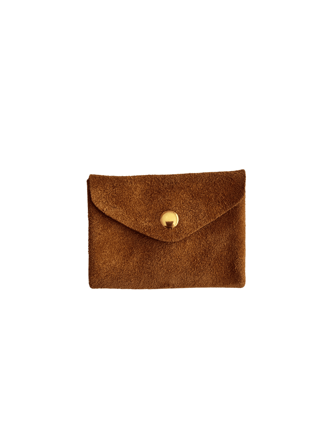 Dark brown suede coin purse in 'Warm Brown' with a gold button on a transparent background | Twentyseven Toronto