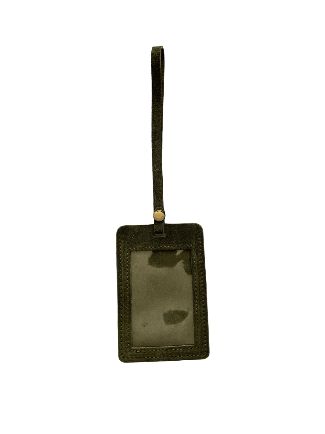 Dark green suede luggage tag in 'Forest Green' with gold clasp on a transparent background | Twentyseven Toronto