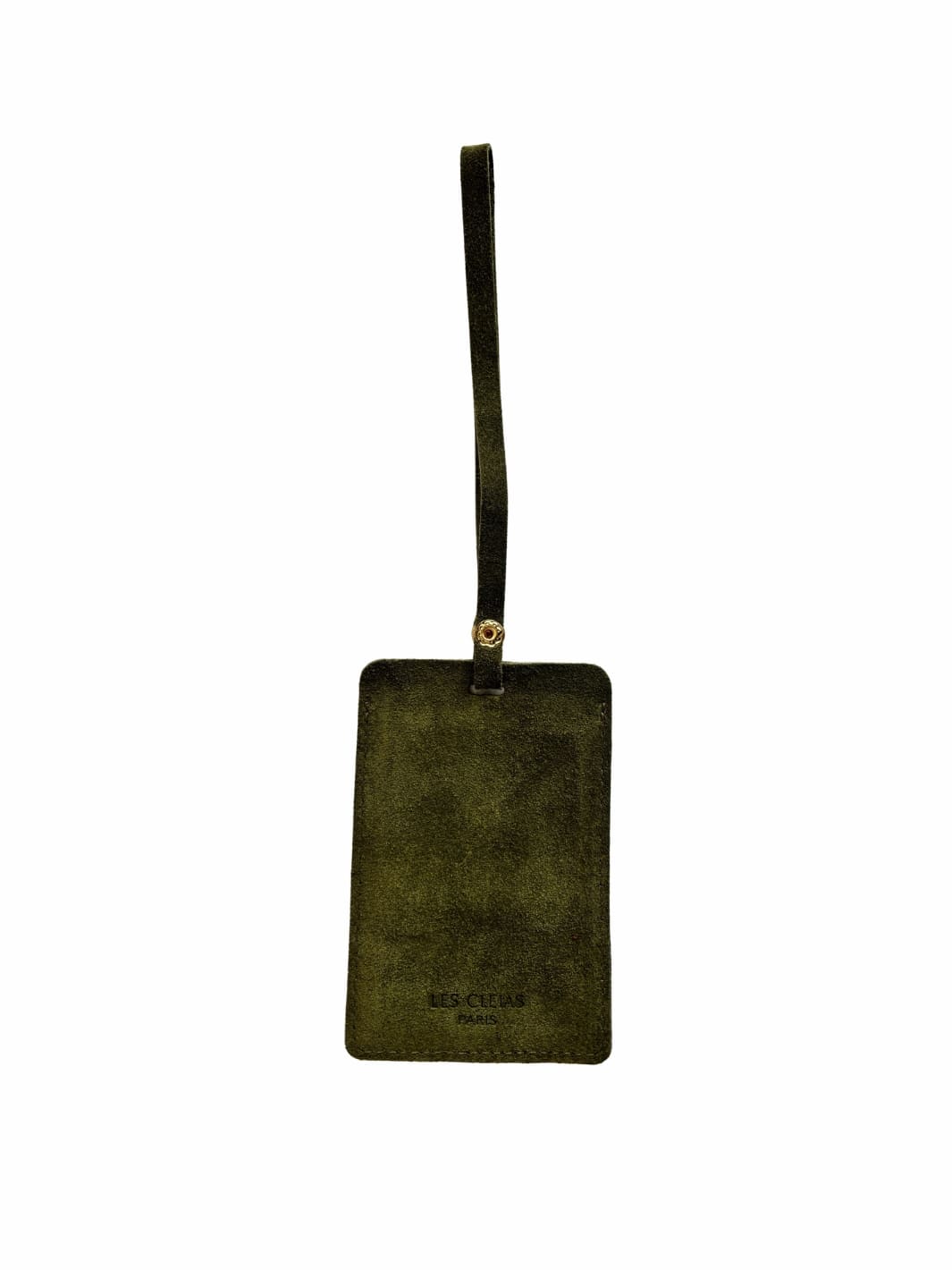 Dark green suede luggage tag in 'Forest Green' with gold detailing on a white background, back view | Twentyseven Toronto