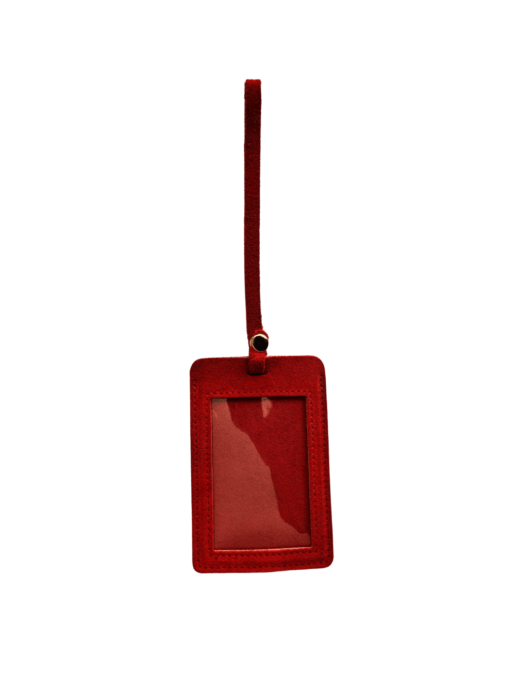 Red suede luggage tag with gold clasp on a transparent background | Twentyseven Toronto