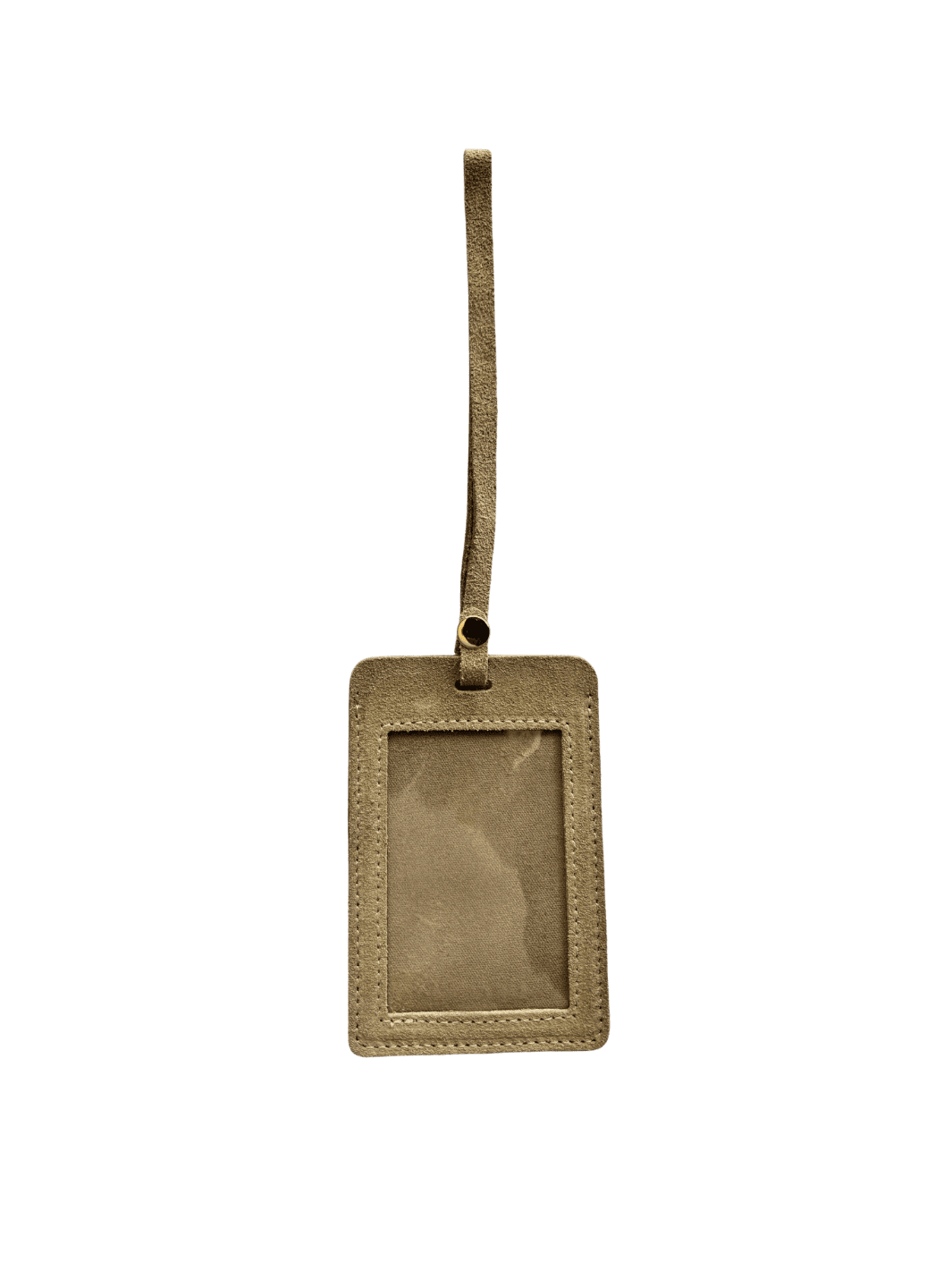 Light brown suede luggage tag in 'Taupe' with gold clasp on a transparent background | Twentyseven Toronto