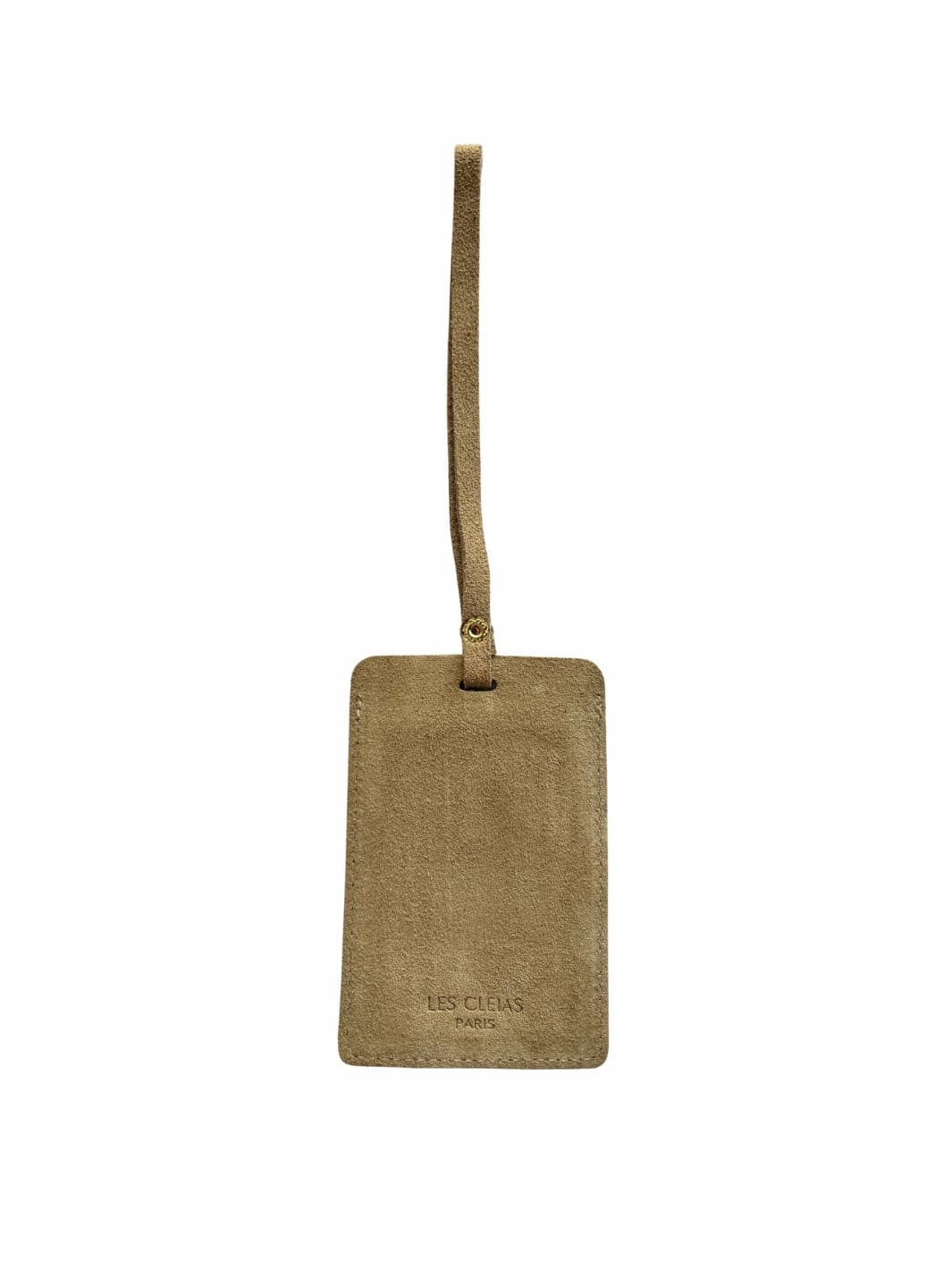 Light brown suede luggage tag in 'Taupe' with gold clasp on a white background, back view | Twentyseven Toronto