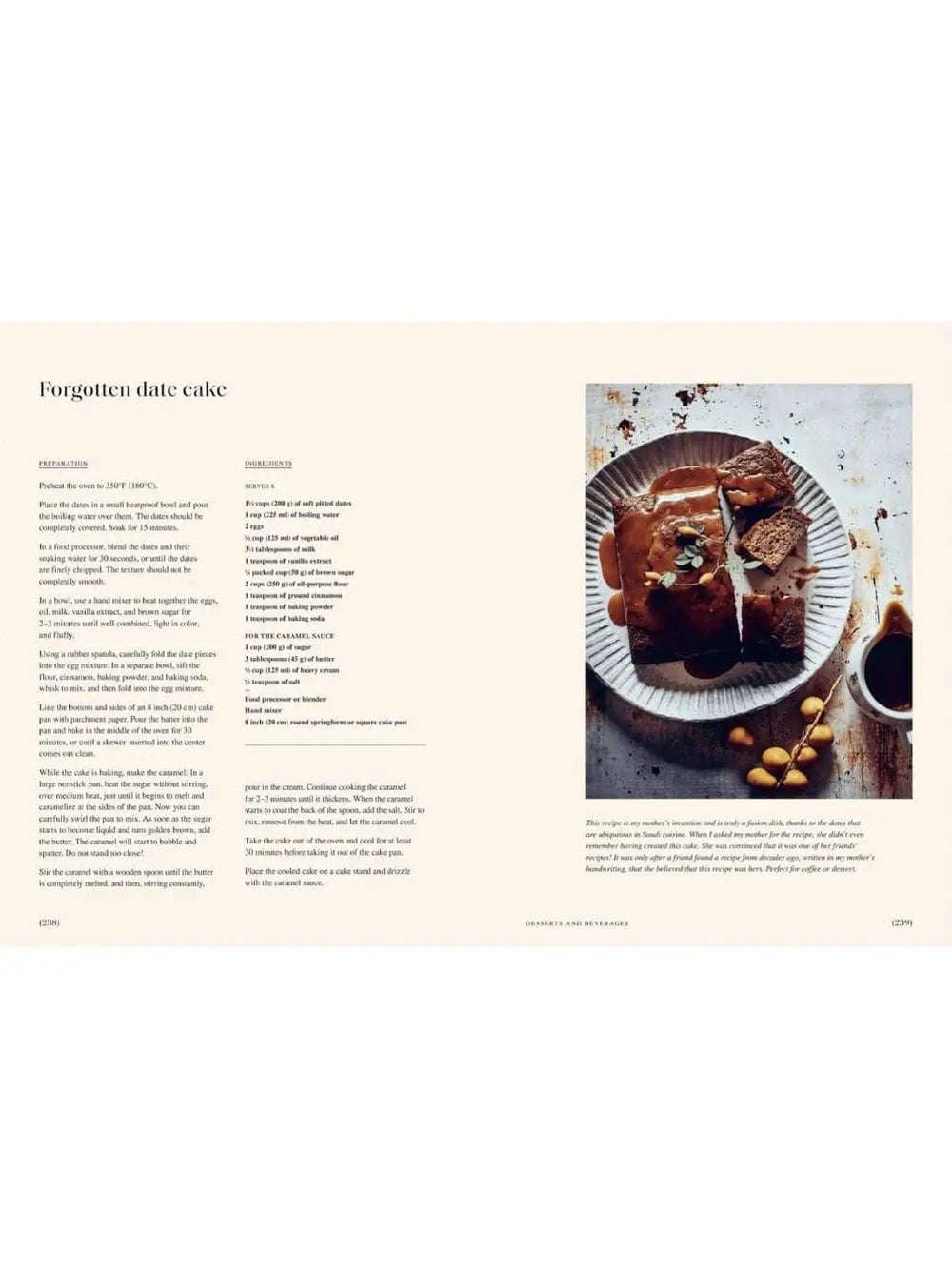A cookbook spread from Sumac: Recipes and Stories from Syria by Anas Atassi showing the text for a "Forgotten date cake" recipe on the left and a photo of the sliced, caramel-drizzled cake on a plate on the right | Twentyseven Toronto