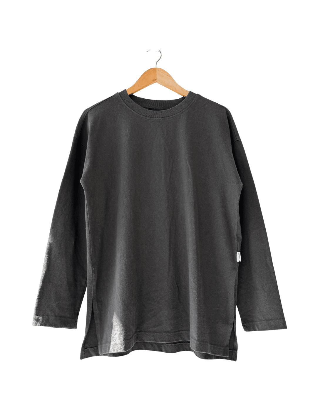 Black long-sleeve 'Sunday Tee' shirt in 'Dark Slate' on a hanger against a transparent background | Twentyseven Toronto