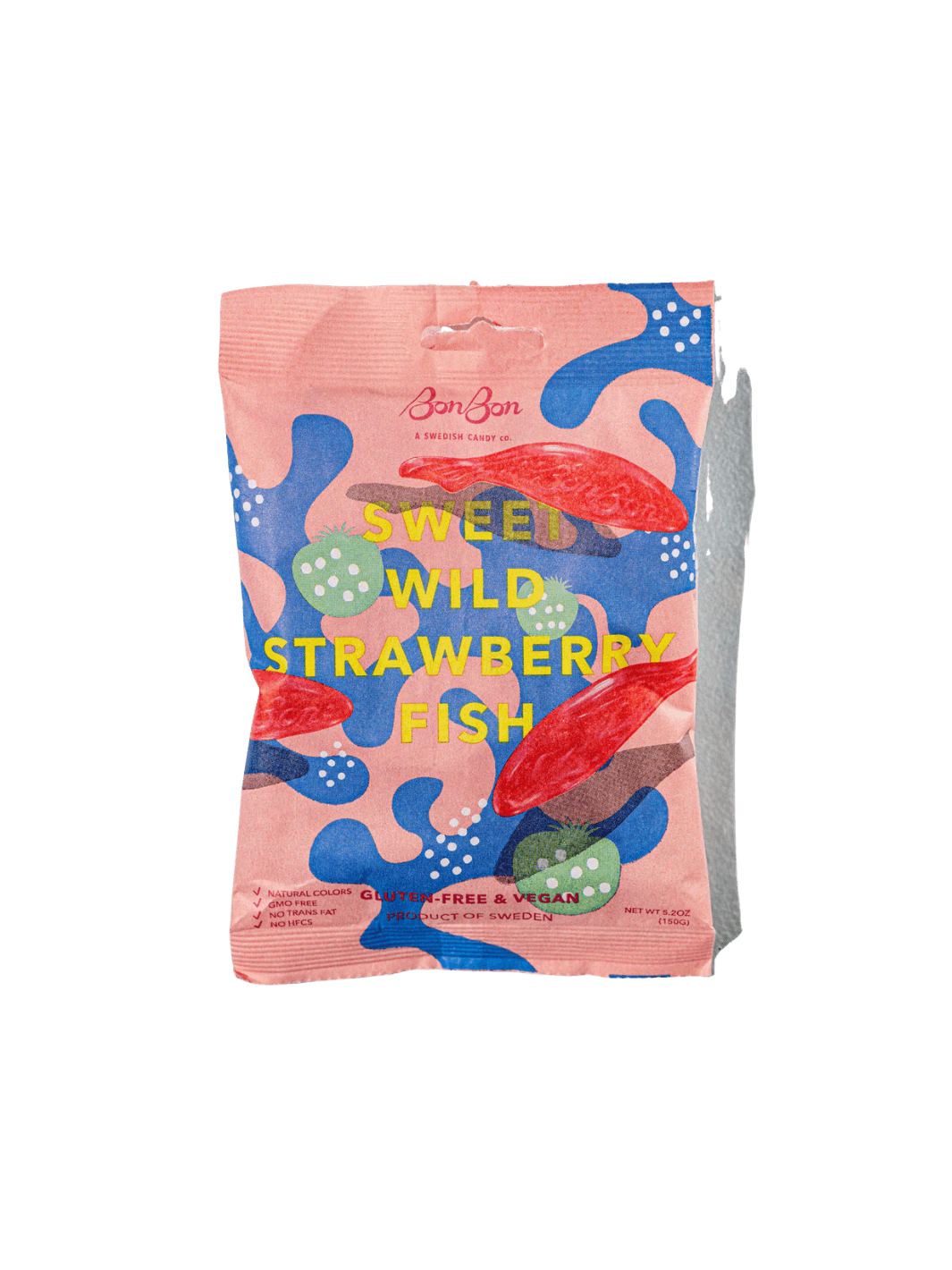 A sealed pink pouch featuring abstract blue and green shapes displays the front packaging of Sweet Wild Strawberry Fish from BonBon NYC against a transparent background | Twentyseven Toronto