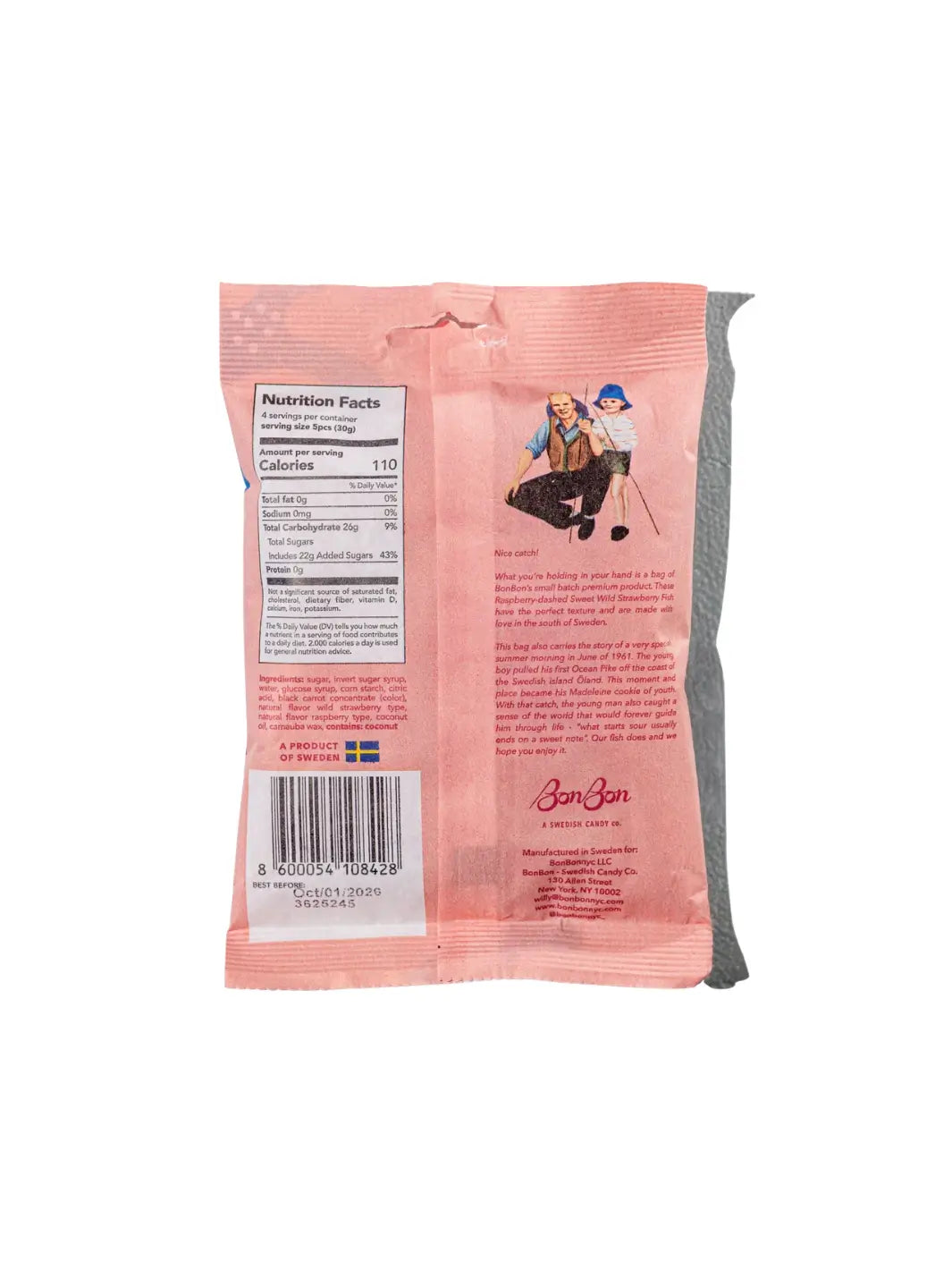 The pink back packaging of Sweet Wild Strawberry Fish from BonBon NYC features nutritional information, ingredients, and an illustration of two people fishing | Twentyseven Toronto