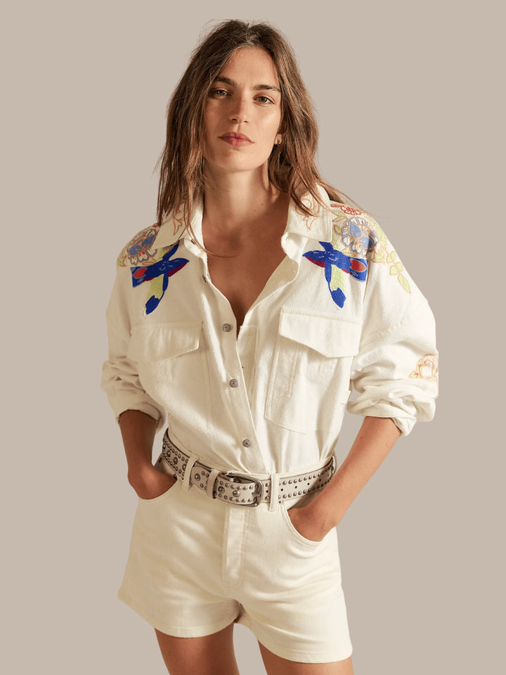 Take Flight Embroidered Shirt - Snow Bell Combo