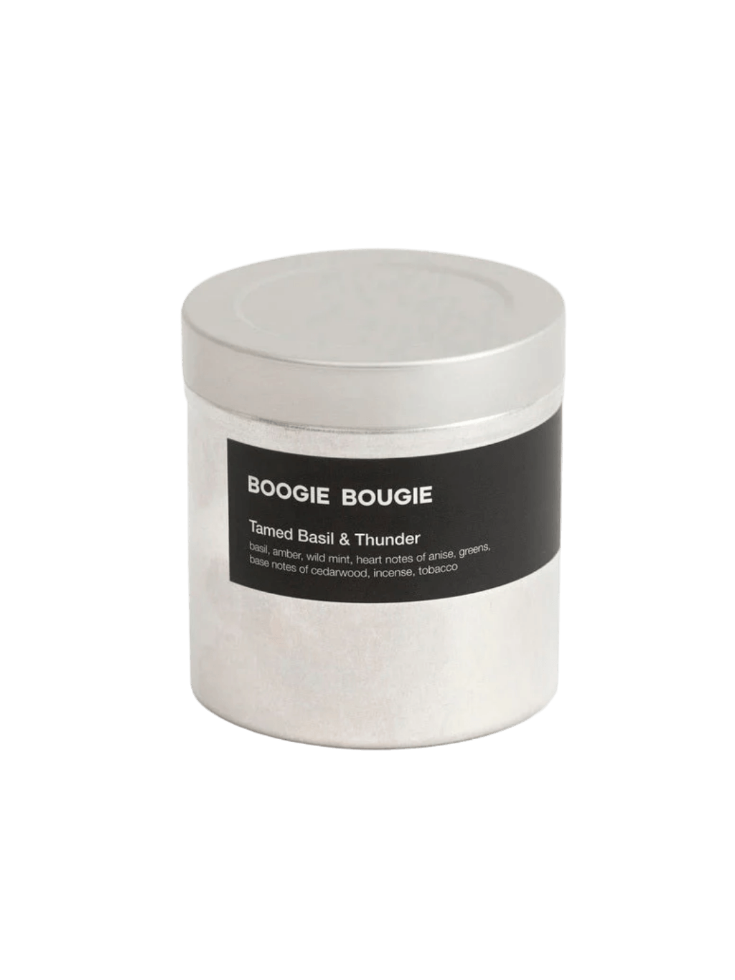 Tamed Basil and Thunder candle with 'Boogie Bougie' label on a transparent background | Twentyseven Toronto