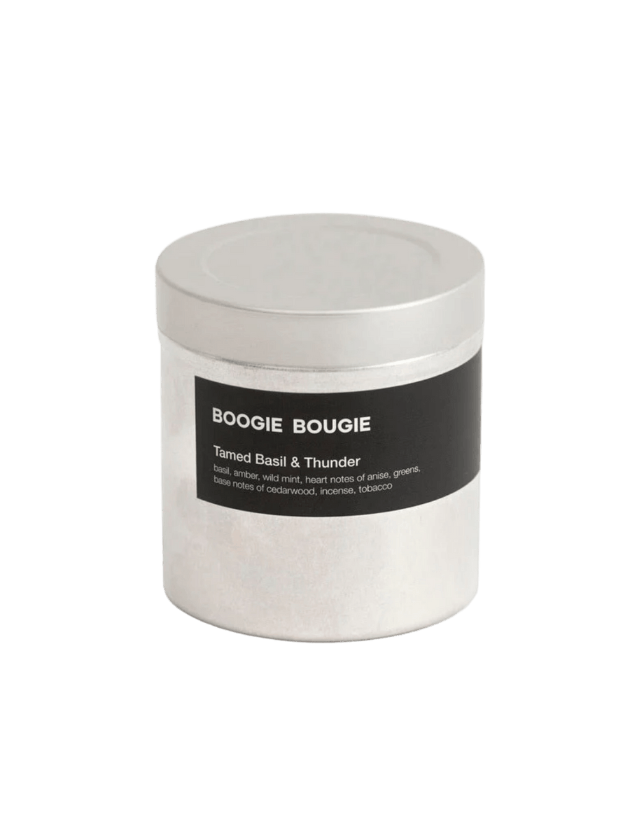 Tamed Basil and Thunder candle with 'Boogie Bougie' label on a transparent background | Twentyseven Toronto