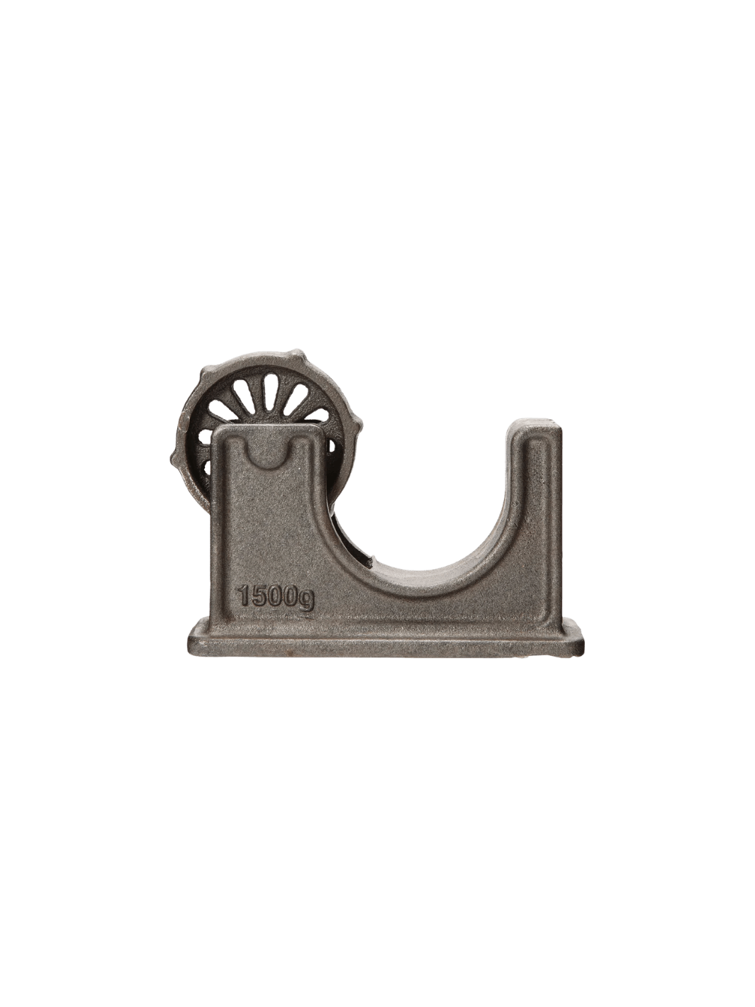 A grey heavy-duty, industrial-style Tape Dispenser - Natural from Puebco featuring a spoked core wheel, and "1500g" stamped onto the base | Twentyseven Toronto