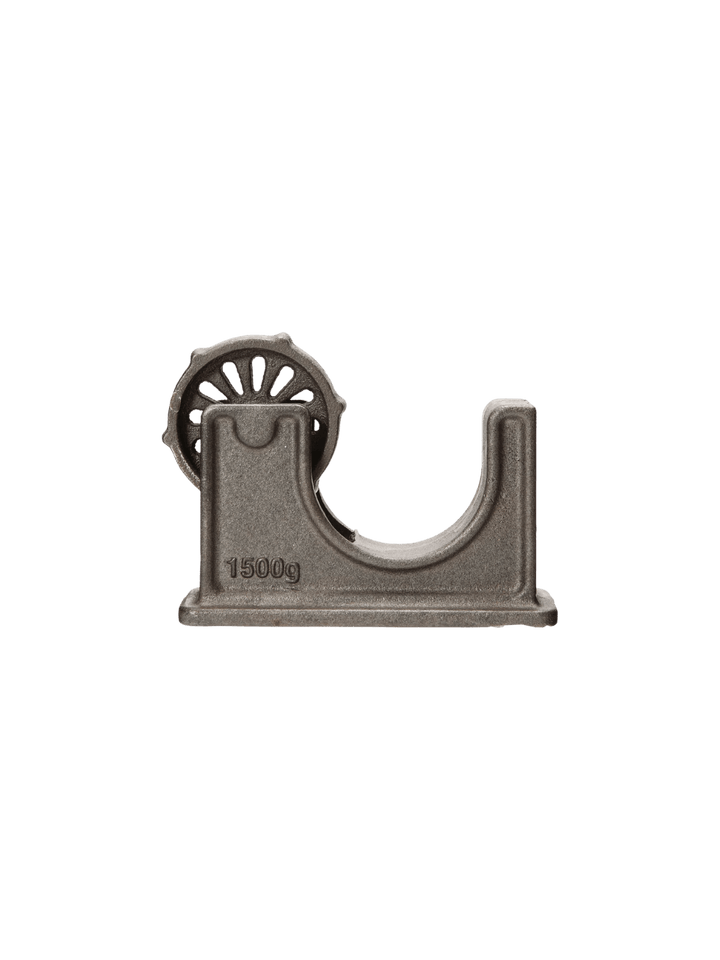 A grey heavy-duty, industrial-style Tape Dispenser - Natural from Puebco featuring a spoked core wheel, and "1500g" stamped onto the base | Twentyseven Toronto