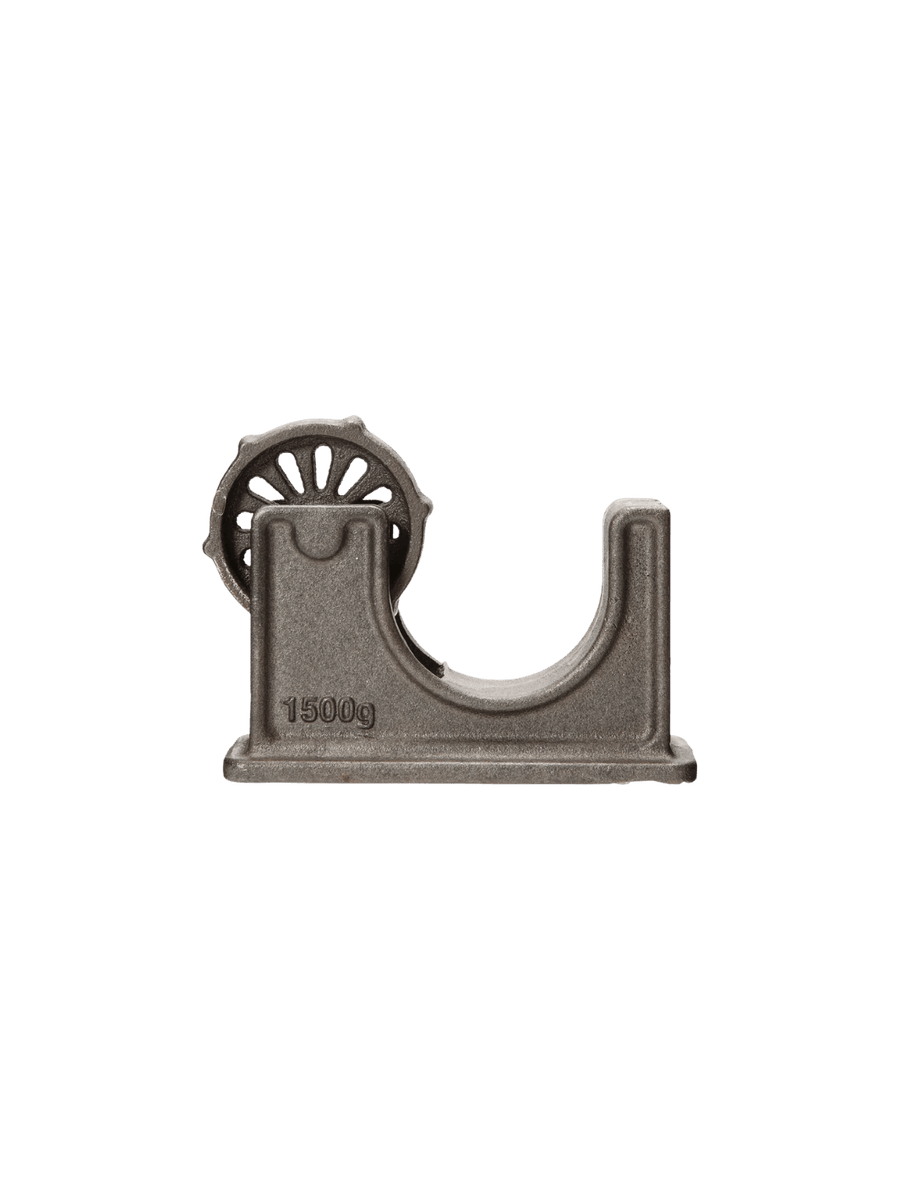 A grey heavy-duty, industrial-style Tape Dispenser - Natural from Puebco featuring a spoked core wheel, and "1500g" stamped onto the base | Twentyseven Toronto