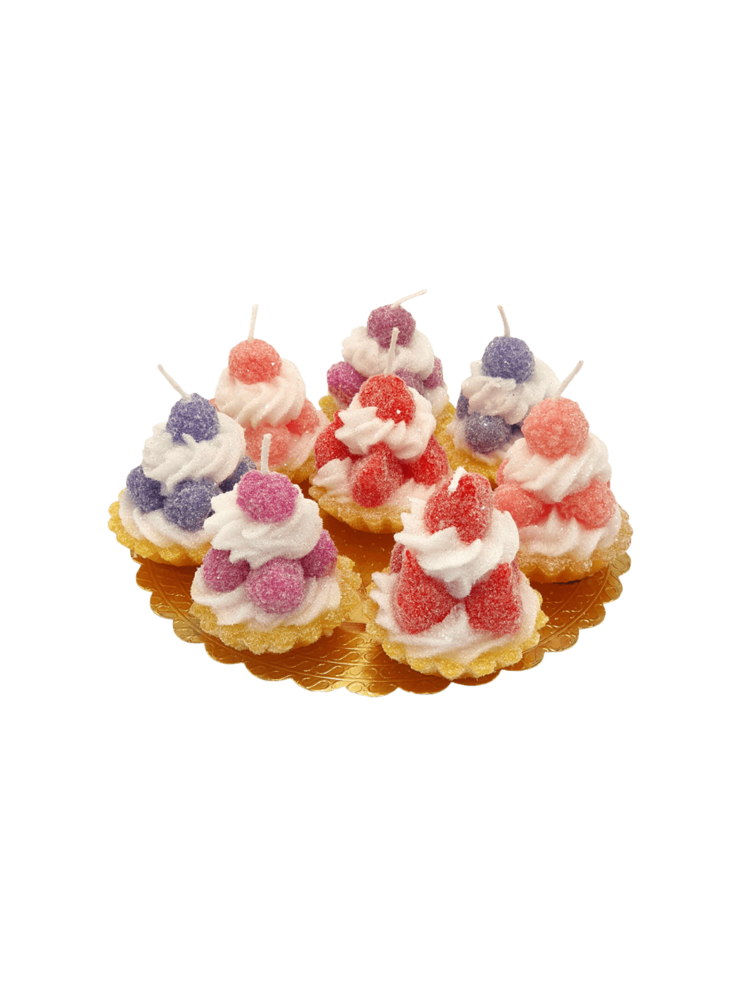 Decorative tarts with colourful fruit shaped candles from Cereria Introna on a transparent background | Twentyseven Toronto