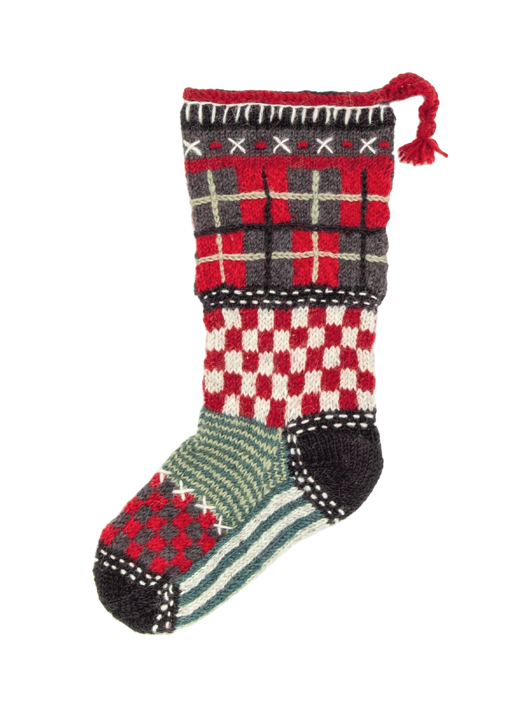 Lost Horizons Canada Tartan Knit Christmas Stocking featuring a hand-knit patchwork of red, black, cream and green plaid and gingham patterns with a braided hanging loop | Twentyseven Toronto