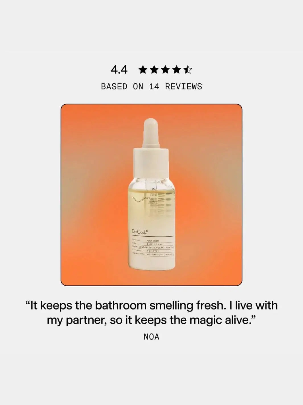 A dropper bottle of Dedcool Taunt Poop Drops is centered on an orange gradient background above a positive customer review | Twentyseven Toronto