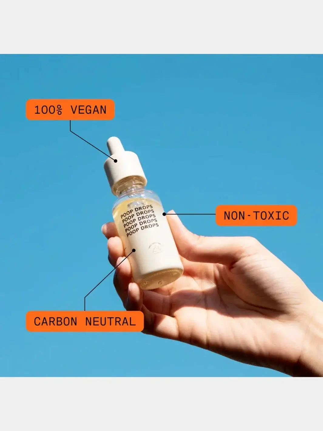 A hand holds a bottle of Dedcool Taunt Poop Drops up against a clear blue sky, with orange callout labels highlighting its vegan, non-toxic, and carbon-neutral qualities | Twentyseven Toronto