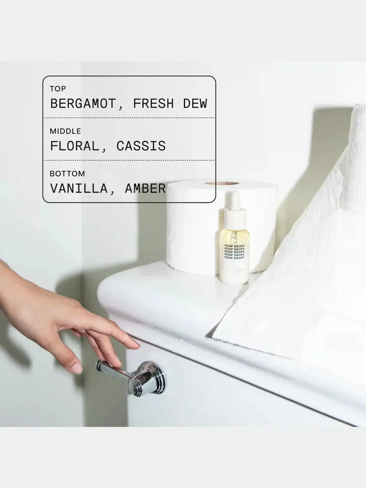 A bottle of Dedcool Taunt Poop Drops sits next to a toilet paper roll on a toilet tank as a hand reaches to flush, alongside a graphic breaking down the fragrance notes | Twentyseven Toronto