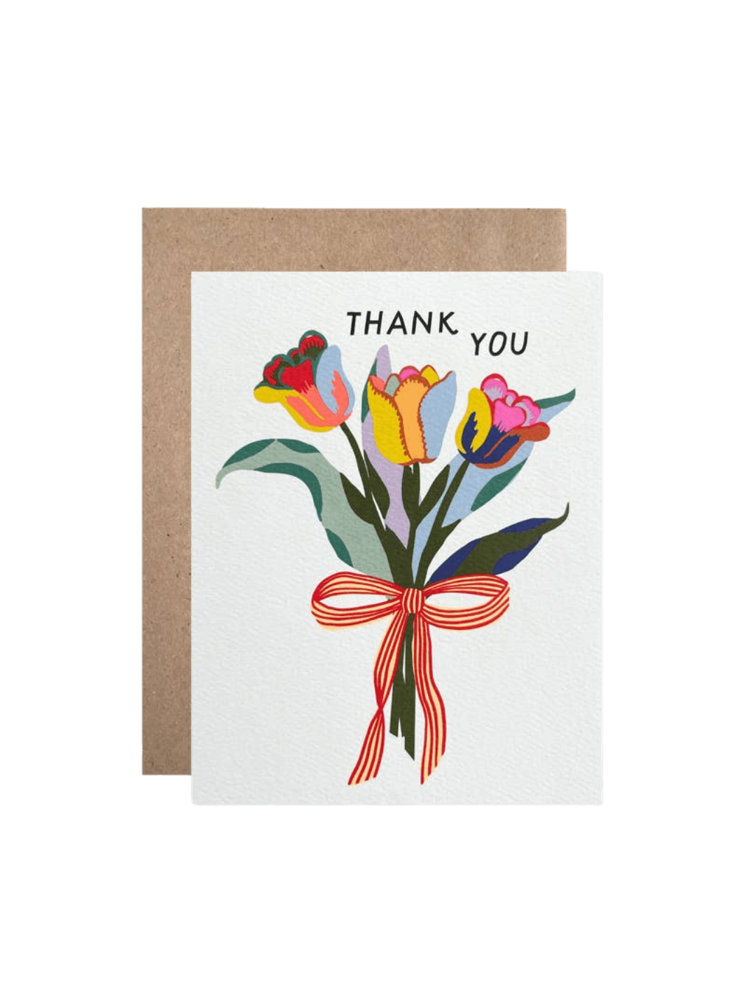 The Hartland Cards Thank You Tulips Card features a hand-illustrated bouquet of three vibrant tulips in shades of red, yellow, blue, and pink, tied with a red-and-yellow striped bow on a white background, with the words "THANK YOU" arched over the flowers, paired with a brown kraft envelope | Twentyseven