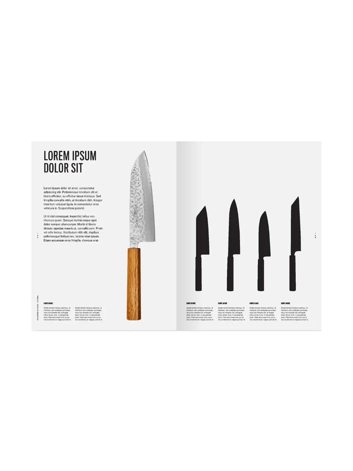Spread of The Anatomy of a Japanese Knife by Helen Symonds and Tom Saunders featuring a detailed photograph of a hammered-finish (tsuchime) knife with a wooden handle on the left, and a series of four different black knife profiles on the right | Twentyseven Toronto