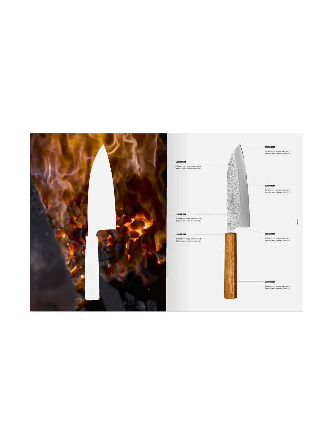 Spread from The Anatomy of a Japanese Knife by Helen Symonds and Tom Saunders depicting a white knife silhouette set against a background of orange forge flames on the left, and a labeled diagram of a Japanese chef's knife with a wooden handle on the right | Twentyseven Toronto