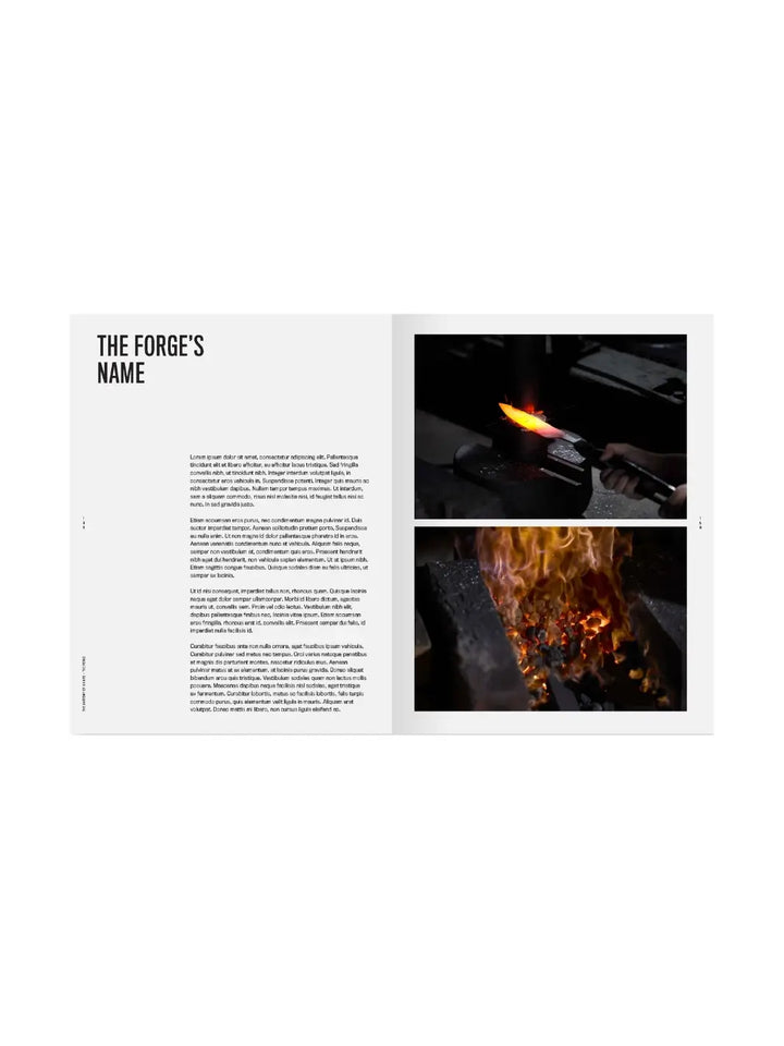 Spread titled "The Forge's Name" in The Anatomy of a Japanese Knife by Helen Symonds and Tom Saunders, featuring descriptive text on the left and two photographs on the right: one showing a glowing, hot metal blade being hammered and another of the intense fire within a forge | Twentyseven Toronto