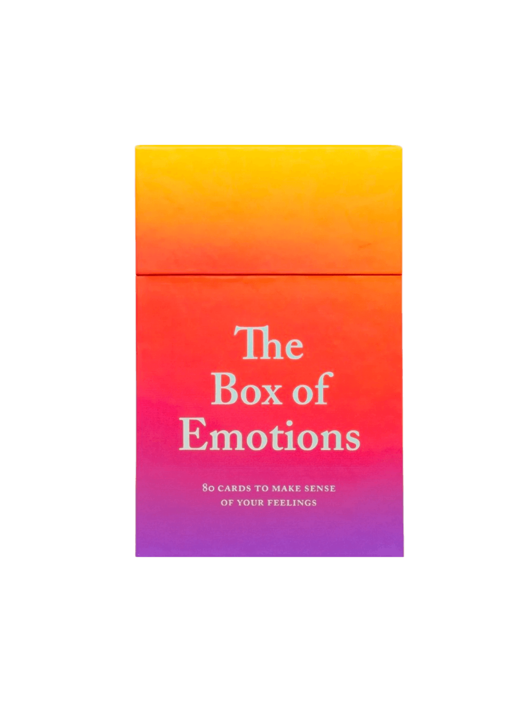 The Box of Emotions Cards by Tiffany Watt Smith & Therese Vandling, showing a rectangular box with a vibrant color gradient shifting from yellow at the top to orange, pink, and deep purple at the bottom | Twentyseven Toronto