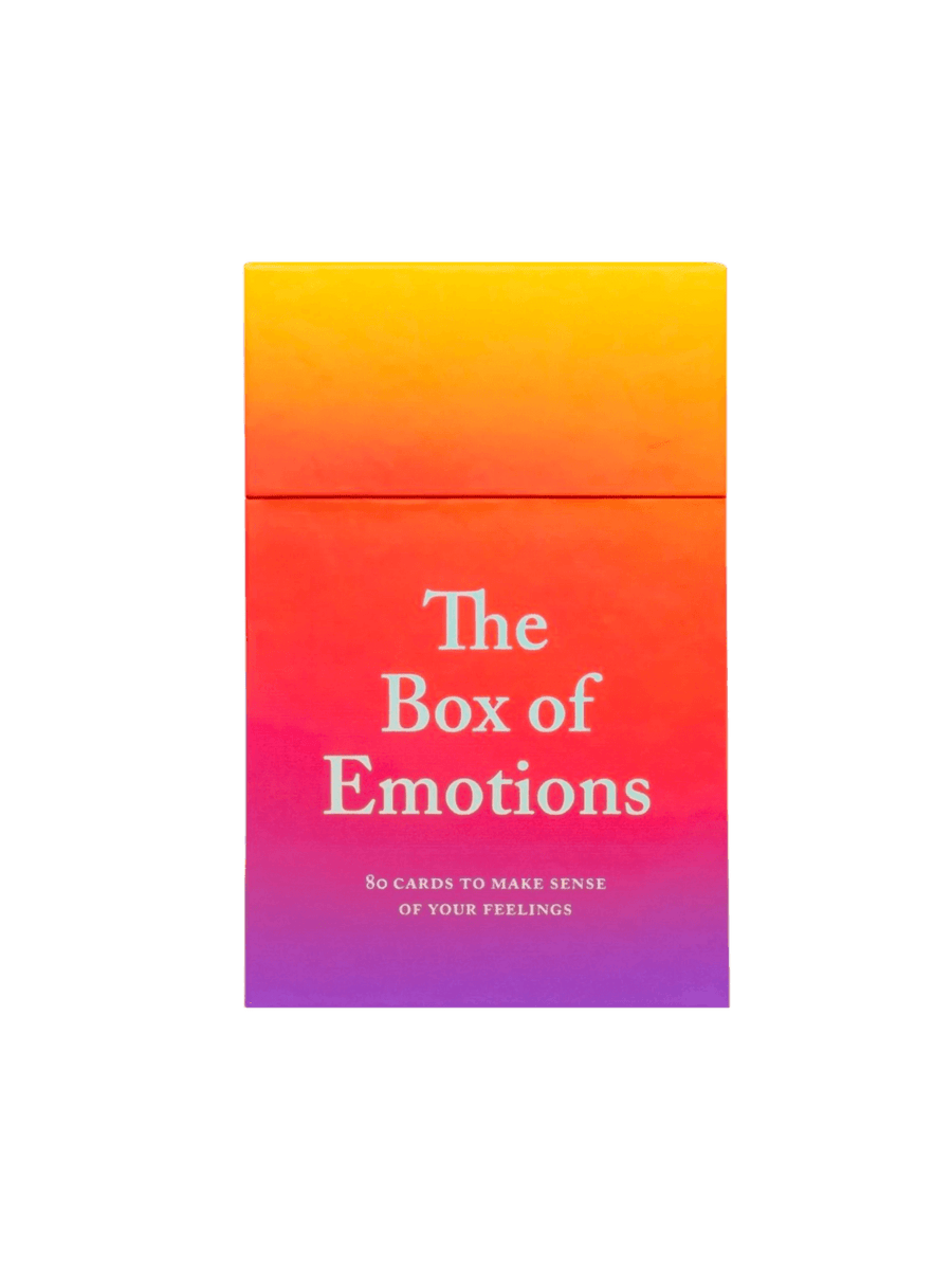 The Box of Emotions Cards by Tiffany Watt Smith & Therese Vandling, showing a rectangular box with a vibrant color gradient shifting from yellow at the top to orange, pink, and deep purple at the bottom | Twentyseven Toronto