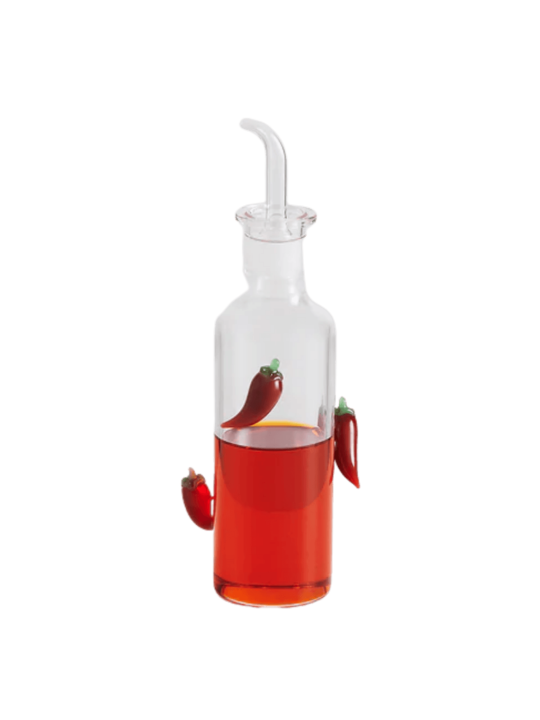 Glass chilli bottle from Maison Balzac with red liquid and decorative chili peppers on a transparent background | Twentyseven Toronto
