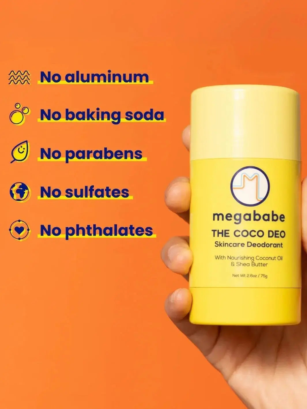 A close-up view shows a hand holding a yellow deodorant container against a bright orange background alongside a list of ingredient exclusions for the Megababe The Coco Deo | Twentyseven Toronto