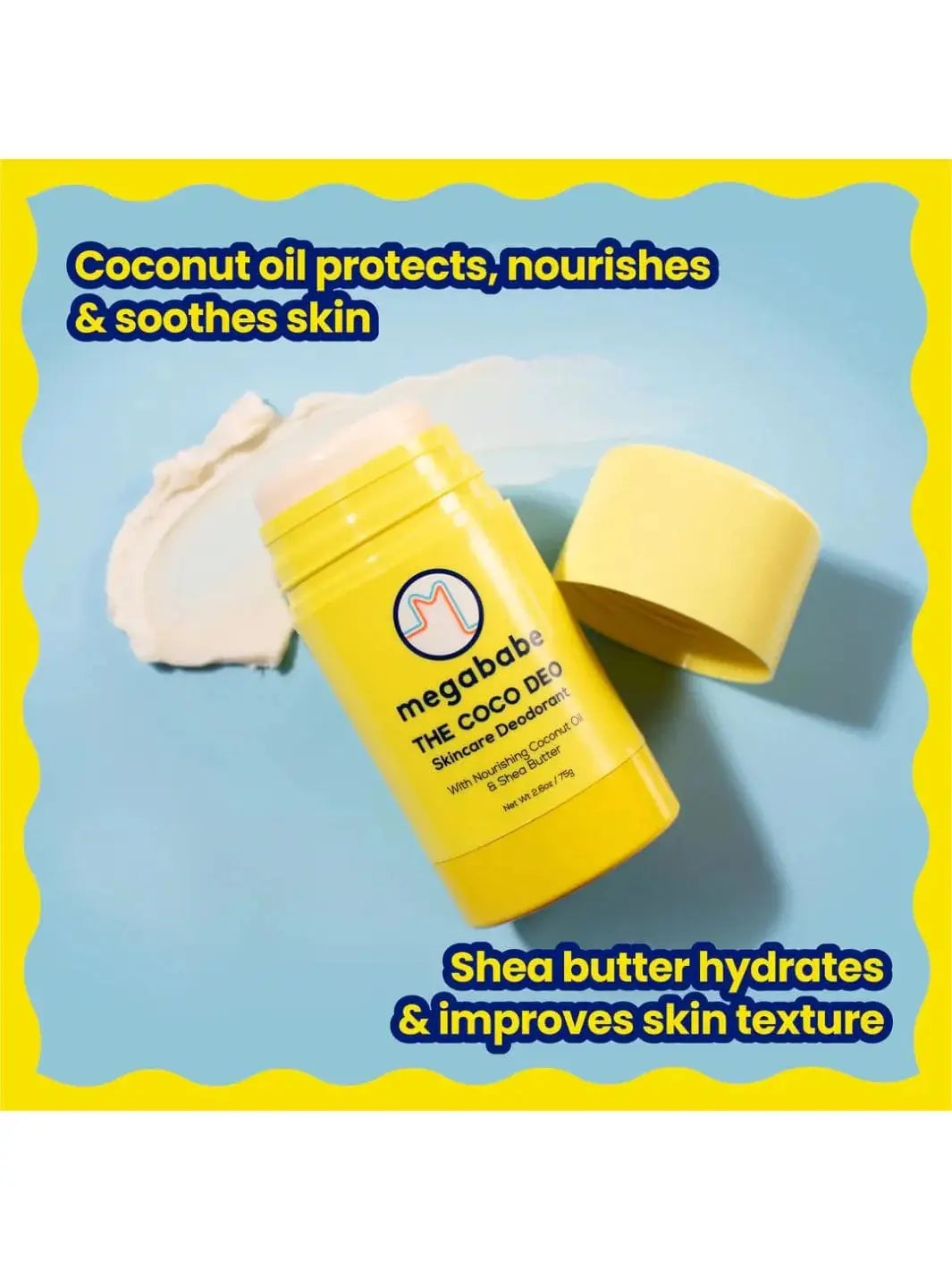 An opened yellow stick deodorant is shown alongside a smooth swipe of cream on a bright blue background to demonstrate the key benefits of the Megababe The Coco Deo | Twentyseven Toronto