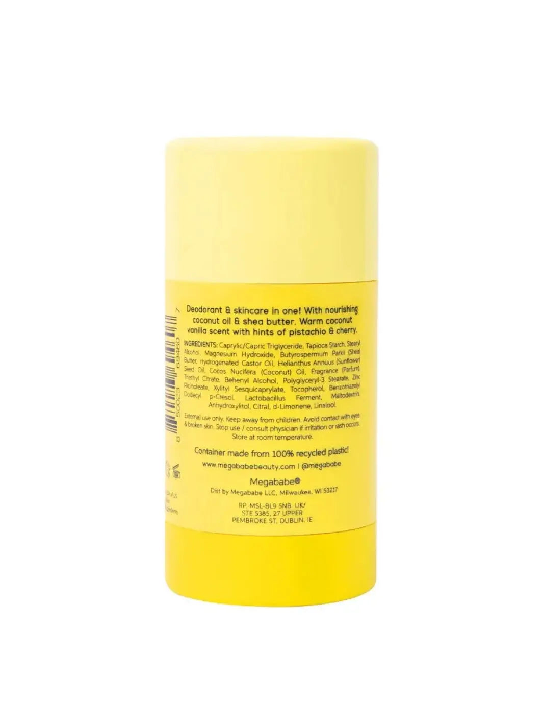 The yellow back label of a deodorant stick is pictured vertically to provide a clear view of the ingredients list and details for the Megababe The Coco Deo | Twentyseven Toronto