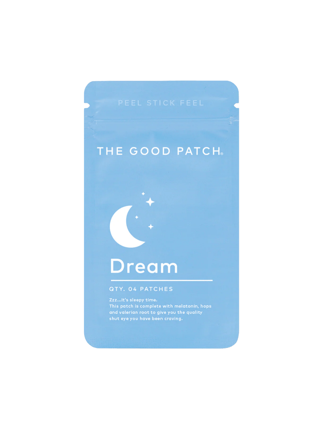 Light blue packaging for The Good Patch The Dream Patch (4 Count) featuring a white crescent moon and stars graphic | Twentyseven Toronto