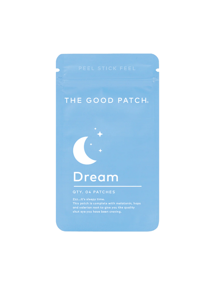 Light blue packaging for The Good Patch The Dream Patch (4 Count) featuring a white crescent moon and stars graphic | Twentyseven Toronto