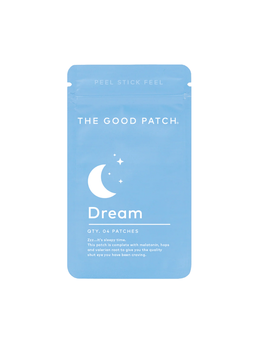 Light blue packaging for The Good Patch The Dream Patch (4 Count) featuring a white crescent moon and stars graphic | Twentyseven Toronto