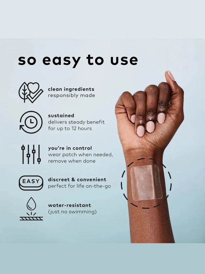 An informational graphic highlighting product features alongside a square wellness patch applied to a person's inner wrist, showcasing the convenient use of The Good Patch The Dream Patch (4 Count) | Twentyseven Toronto
