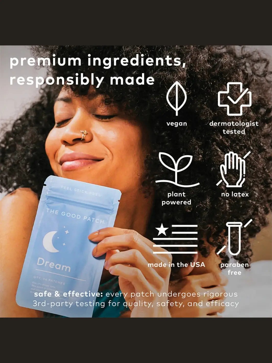 A woman with curly hair holds a blue pouch of The Good Patch The Dream Patch (4 Count) next to icons indicating it is vegan, dermatologist tested, plant-powered, latex-free, paraben-free, and made in the USA | Twentyseven Toronto