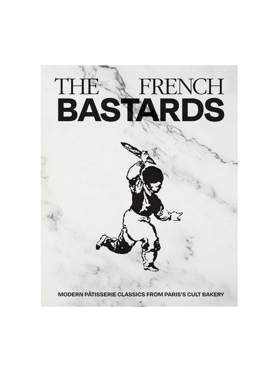The front cover of The French Bastards cookbook, featuring a black-and-white marble background and a stylized graphic of a person running with a baguette | Twentyseven Toronto