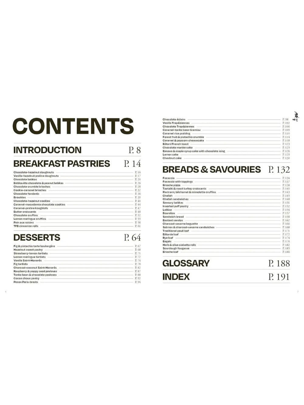 A two-page spread from The French Bastards book showing the table of contents organized into sections | Twentyseven Toronto