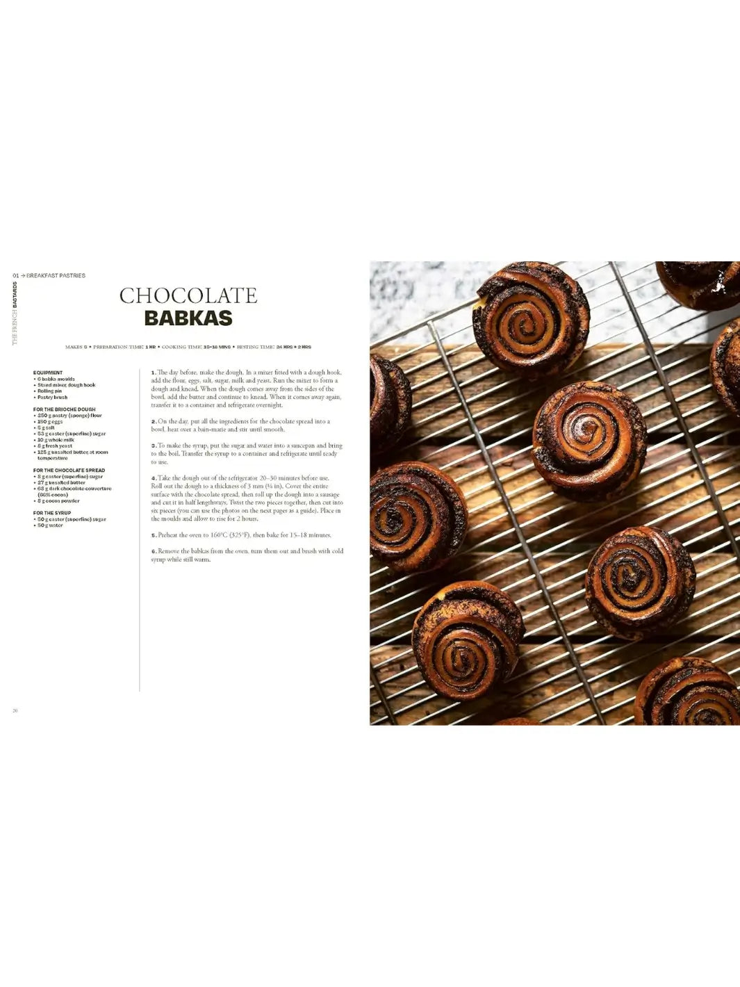 A recipe page for Chocolate Babkas from The French Bastards featuring a grid of six spiral-shaped, dark chocolate-filled pastries cooling on a wire rack | Twentyseven Toronto
