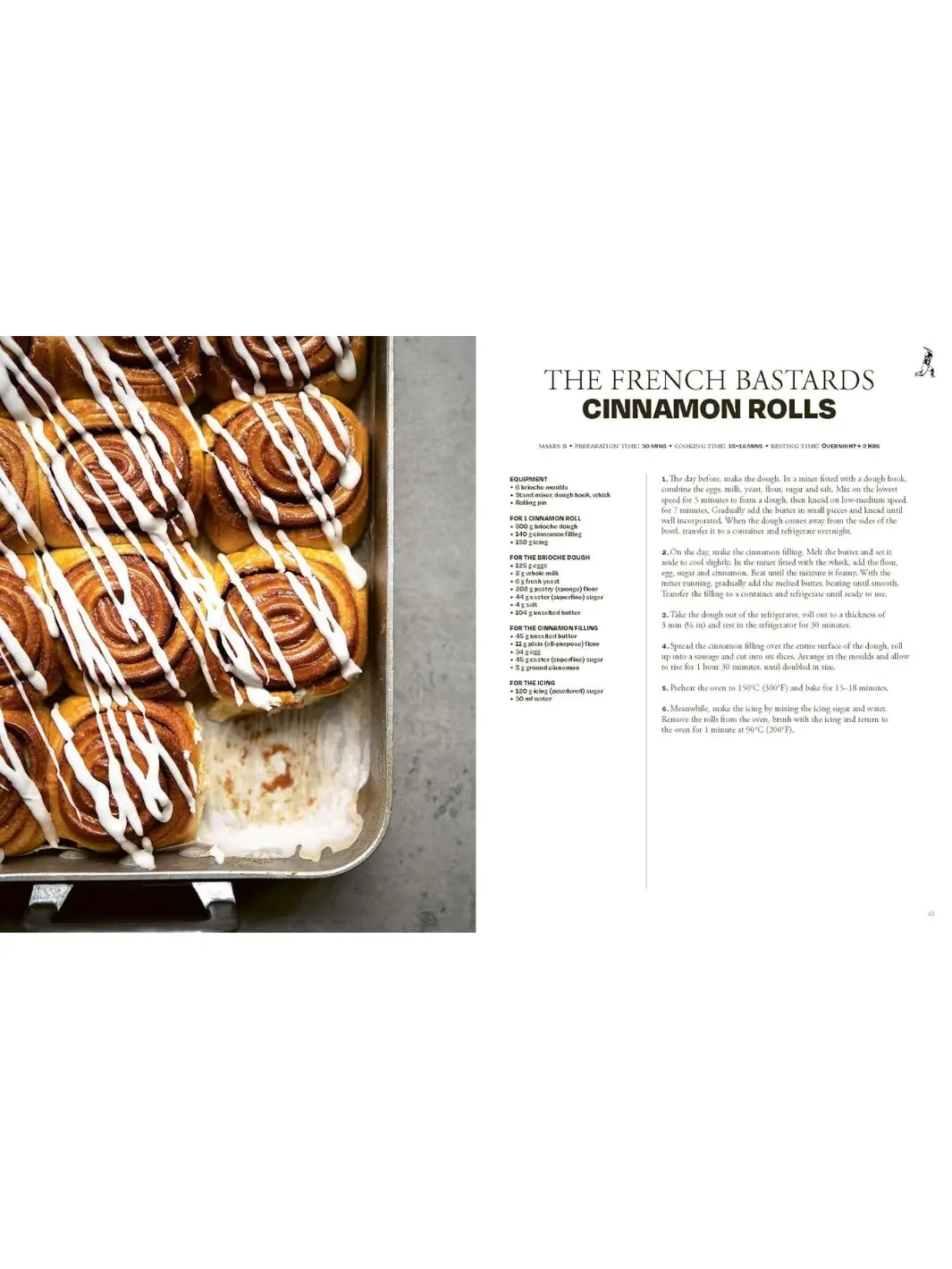 Baking tray filled with cinnamon rolls drizzled with a white icing from The French Bastards book | Twentyseven Toronto